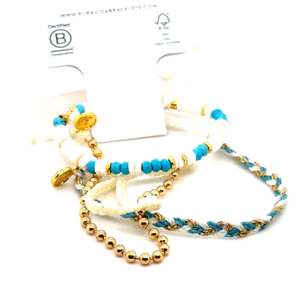 Pura Vida Bracelet Stack Turquoise White Gold Beaded Braided Boho Set